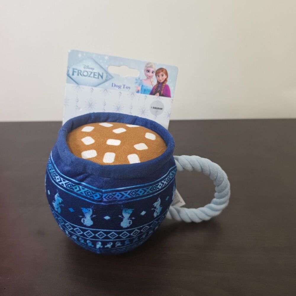 Disney Frozen Hot Cocoa Mug Plush Dog Toy Squeaky Rope Handle Olaf Blue NWT